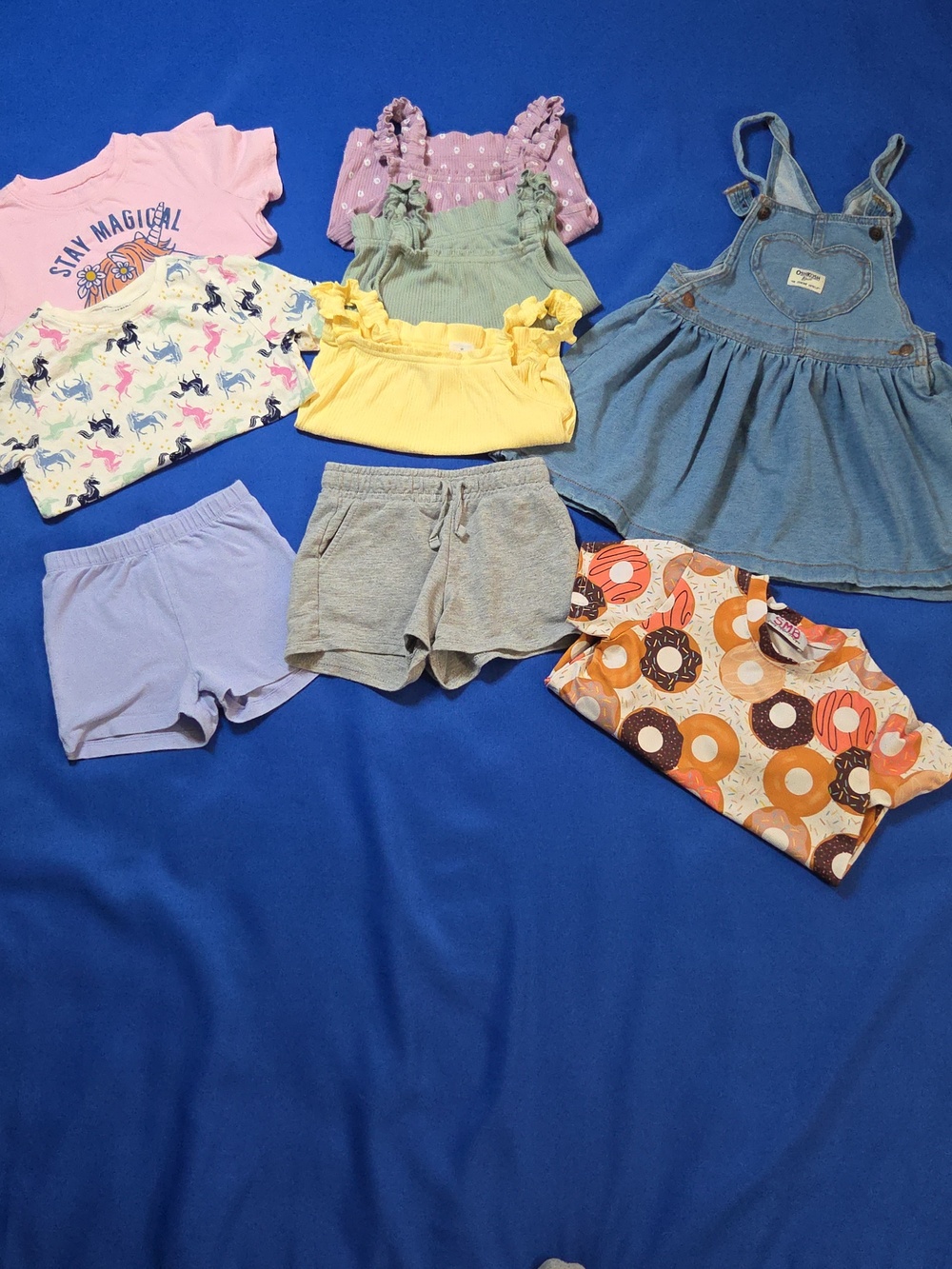 Girls Mixed Outfit Lot - Denim Dress, Tops & Shorts - Pastel & Yellow